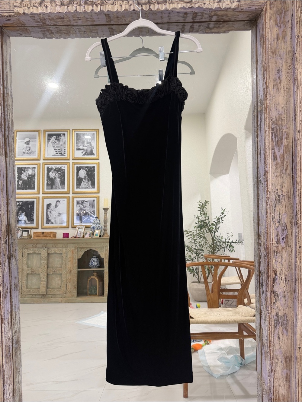 90s Vintage Night Way Collections Black Velour Midi Dress with Rosette Neckline